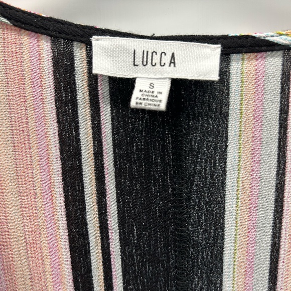 LUCCA NWT STRIPED PEACH & BLACK DEEP V-NECK WIDE CAFTAN SLEEVES SZ: SMALL - Picture 5 of 8